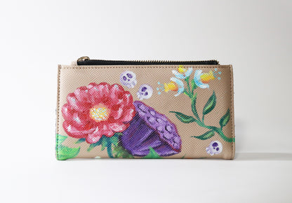 Floral Skulls - Hand Painted Up-cycled Bifold Wallet - One of a Kind